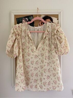 Floral Ruffle Puff-Sleeve Blouse - Cream with Pink Roses